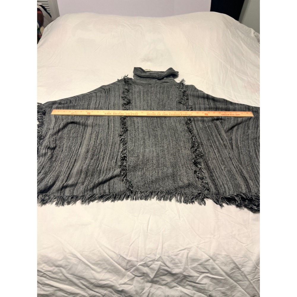 Ali Miles Womens Grey Marled Cowl Neck Fringe Trim Poncho Sweater L/XL - Picture 3 of 6